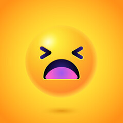 Round 3d Emoticon. Yellow Emoji face emoticon smile, digital smiley expression emotion feelings, chat cartoon emotes. Vector illustration icon on yellow background