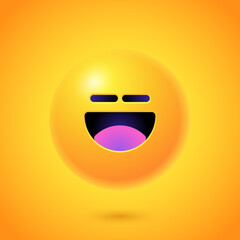 Round 3d Emoticon. Yellow Emoji face emoticon smile, digital smiley expression emotion feelings, chat cartoon emotes. Vector illustration icon on yellow background
