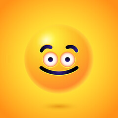 Round 3d Emoticon. Yellow Emoji face emoticon smile, digital smiley expression emotion feelings, chat cartoon emotes. Vector illustration icon on yellow background