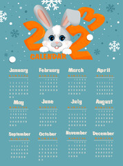 Calendar 2023 with symbol of the year hare (rabbit). Cute little hare (rabbit) in cartoon style. Week starts on Monday.