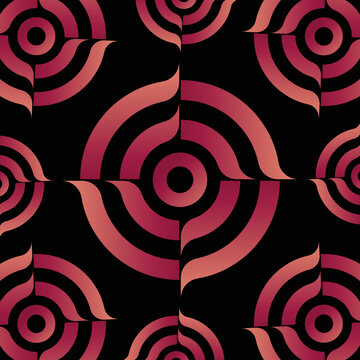Geometric shape textile pattern, Ornament design, Ceramic tile, Pink and yellow colour with black.