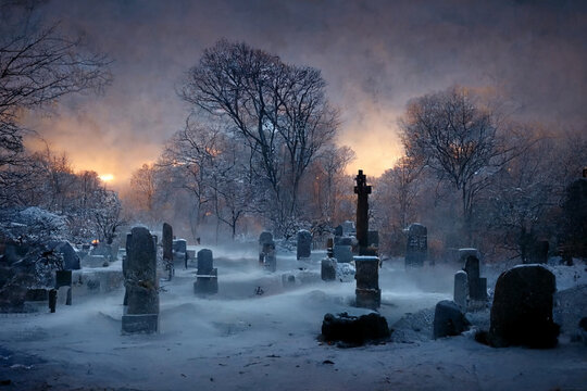 Cemetery covered by snow in winter. Dramatic sky background.