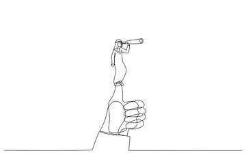 Cartoon of arab businessman standing on giant thumb using telescope to look into the distance. Single continuous line art style