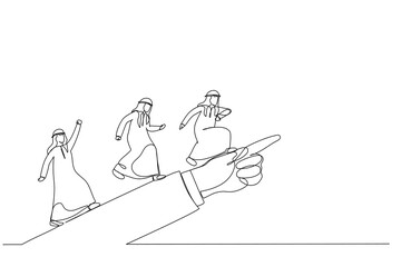 Illustration of arab man running forward looking for success in the way showed by giant hand of leader. Metaphor for directional leadership. One continuous line art style