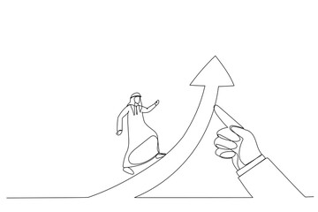 Cartoon of arab businessman running on arrow of success raised by giant hand of leader. Metaphor for business success. Single continuous line art style
