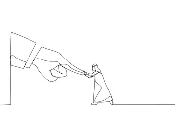 Illustration of arab businessman fight and keep pushing against giant business hand. Metaphor for conflict against boss or employer. One line art style