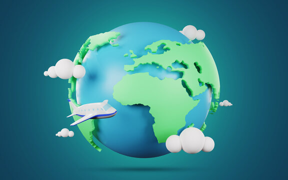 world map 3D rendering, Earth globe on green background, Green planet with plane.