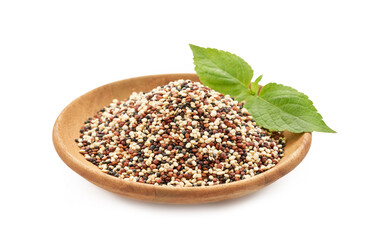 quinoa seeds in wooden bowl isolated on white background. close up quinoa seeds in wooden plate isolated on white background. quinoa seeds in spoon isolated                                            