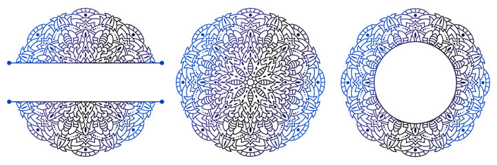 Set of flower mandalas. Split pattern in form of mandala for Henna Mehndi or tattoo decoration. Decorative ornament in ethnic oriental style, vector illustration.