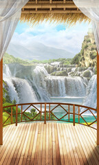 Wooden gazebo at the foot of a mountain waterfall. Photo wallpapers. The fresco.