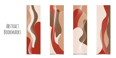 Set of 4 bookmarks templates in beige and red color palette. Abstract waves with lines elements. Classical rectangular bookmarks. Abstract illustration. Isolated on white background. - obrazy, fototapety, plakaty
