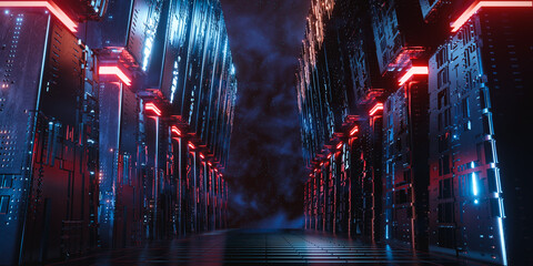 3d rendering concept sci fi scene illustration. Row of metal tower in outer space with grid pattern floor. © pprothien