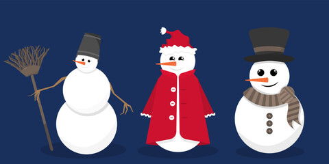Set of three snowmen. Winter game and playing.  Illustration in flat cartoon style. Blue, white and red colors. Isolated on blue background.