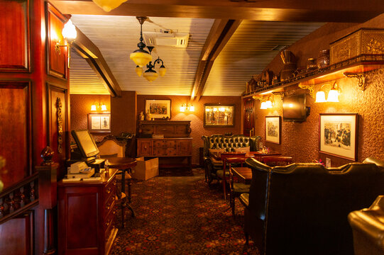 Luxurious Interior Of Traditional English Restaurant, View From Above