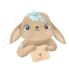 Cute bunny with a letter. Adorable hand drawn bunny illustration