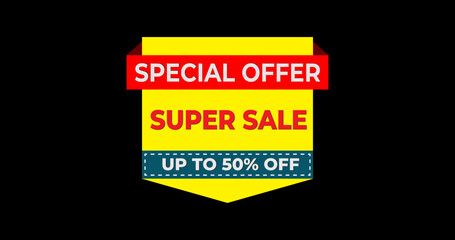 Special offer super sale banner, Up to 50% off tag. Sticker on the black background Vector illustration, eps10
