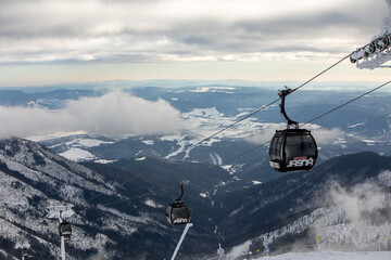 Slovakia, Jasna - February 3, 2022: chair lift cabin ski resort