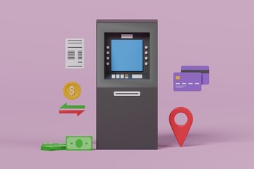 ATM machine 3d illustration. ATM location 3d illustration.
