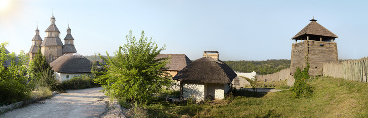 Naklejka na ściany i meble Khortytsya, Zaporozhye region, Ukraine. June 2018. Museum of Cossack culture. Ancient Ukrainian Huts