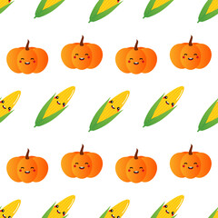 Cute cartoon style corn and pumpkin characters vector seamless pattern background for food, harvest, autumn design.

