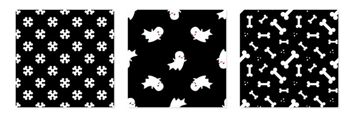 Set, collection of three vector seamless pattern backgrounds with ghosts and bones for Halloween design.
