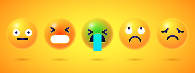 Fototapeta premium Round 3d emoticons set. Yellow Emoji faces emoticon smile, digital smiley expression emotion feelings, chat cartoon emotes. Vector illustration icons