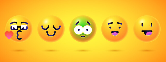 Round 3d emoticons set. Yellow Emoji faces emoticon smile, digital smiley expression emotion feelings, chat cartoon emotes. Vector illustration icons