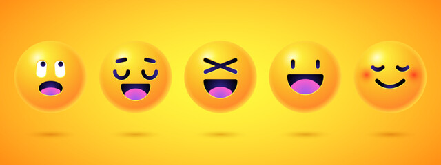 Fototapeta premium Round 3d emoticons set. Yellow Emoji faces emoticon smile, digital smiley expression emotion feelings, chat cartoon emotes. Vector illustration icons