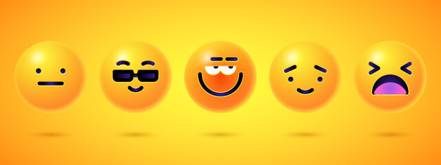 Fototapeta premium Round 3d emoticons set. Yellow Emoji faces emoticon smile, digital smiley expression emotion feelings, chat cartoon emotes. Vector illustration icons