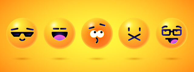 Fototapeta premium Round 3d emoticons set. Yellow Emoji faces emoticon smile, digital smiley expression emotion feelings, chat cartoon emotes. Vector illustration icons