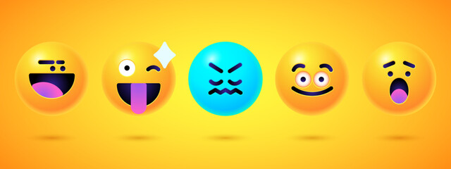 Round 3d emoticons set. Yellow Emoji faces emoticon smile, digital smiley expression emotion feelings, chat cartoon emotes. Vector illustration icons