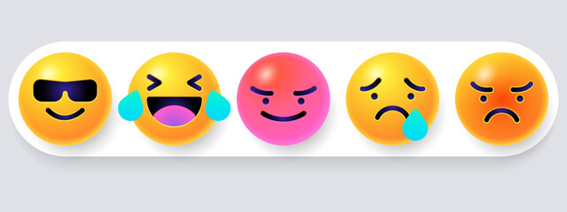 Obraz premium Round 3d emoticons set. Yellow Emoji faces emoticon smile, digital smiley expression emotion feelings, chat cartoon emotes. Vector illustration icons