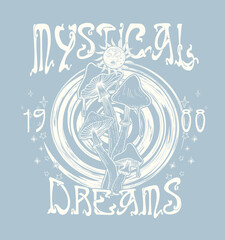 MYSTICAL DREAMS.Retro 70's psychedelic hippie mushroom illustration print with groovy slogan for man - woman graphic tee t shirt or sticker poster - Vector