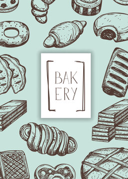 Homemade bakery product vintage banner. Sweet pastry market advertising, bread product poster, traditional natural food vector illustration. Croissant, puff, pie, bagel, cookie hand drawn sketches
