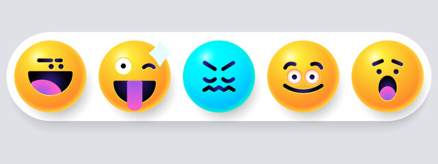 Obraz premium Round 3d emoticons set. Yellow Emoji faces emoticon smile, digital smiley expression emotion feelings, chat cartoon emotes. Vector illustration icons