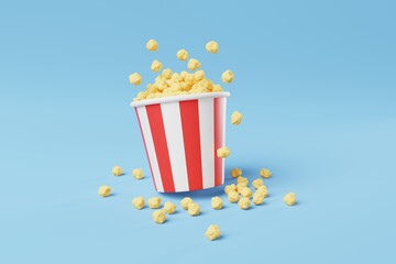 Popcorn red and white striped bucket on blue background. Cinema, movie time snack. 3d rendering