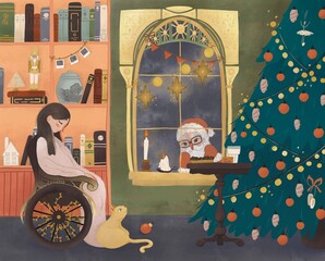 Cute illustration with a girl sleeping in a wheelchair. Christmas card with Santa Claus outside the window. Christmas tree with decorations. The сat saw Santa Claus looking at the cookies