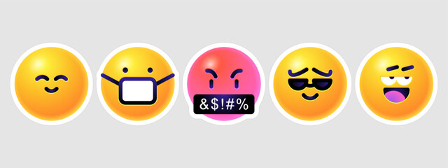 Round 3d emoticons set. Yellow Emoji faces emoticon smile, digital smiley expression emotion feelings, chat cartoon emotes. Vector illustration icons