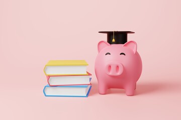 Piggy bank with black graduation cap and stacking book on pink background. Money savings, invest in education or knowledge concept. Financial planning, bank loan for kid tuition cost. 3d rendering