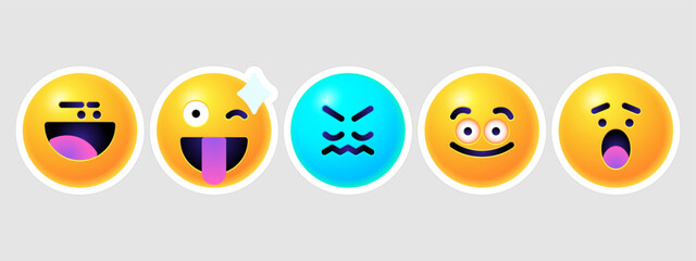 Fototapeta premium Round 3d emoticons set. Yellow Emoji faces emoticon smile, digital smiley expression emotion feelings, chat cartoon emotes. Vector illustration icons