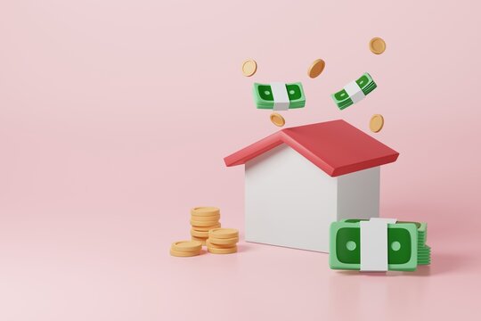 House and stacking coins and banknotes on pink background. Real estate asset financial budget or business investment, Money saving for buying home, property rental mortgage loan planning. 3d rendering