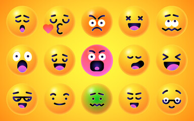 Fototapeta premium Round 3d emoticons set. Yellow Emoji faces emoticon smile, digital smiley expression emotion feelings, chat cartoon emotes. Vector illustration icons