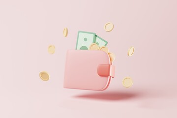 3D rendering pink wallet with banknote and coins on background. Money savings, shopping concept