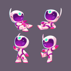 Cute astronaut in different poses isolated on background. Vector cartoon set of little spaceman in suit and helmet. Mascot in spacesuit lying, sitting, walking and waving