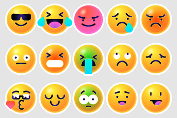 Round 3d emoticons set. Yellow Emoji faces emoticon smile, digital smiley expression emotion feelings, chat cartoon emotes. Vector illustration icons