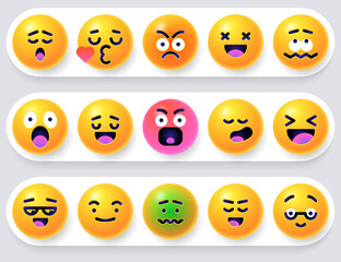 Round 3d emoticons set. Yellow Emoji faces emoticon smile, digital smiley expression emotion feelings, chat cartoon emotes. Vector illustration icons
