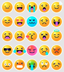 Round 3d emoticons set. Yellow Emoji faces emoticon smile, digital smiley expression emotion feelings, chat cartoon emotes. Vector illustration icons