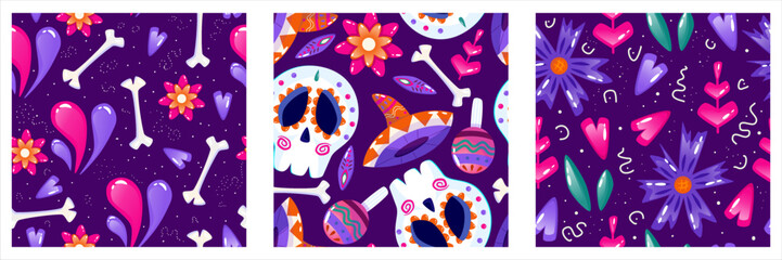 Muertos pattern with skull set. Mexico day dead holiday. Floral skull face. Floral seamless background. Halloween and traditional festival seamless pattern.