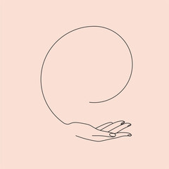 Hands and moon minimalist logo. Astorology wellness magic illustration. Modern Boho Line art