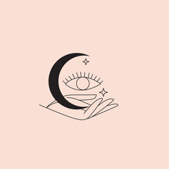 Hands and moon minimalist logo. Astorology wellness magic illustration. Modern Boho Line art